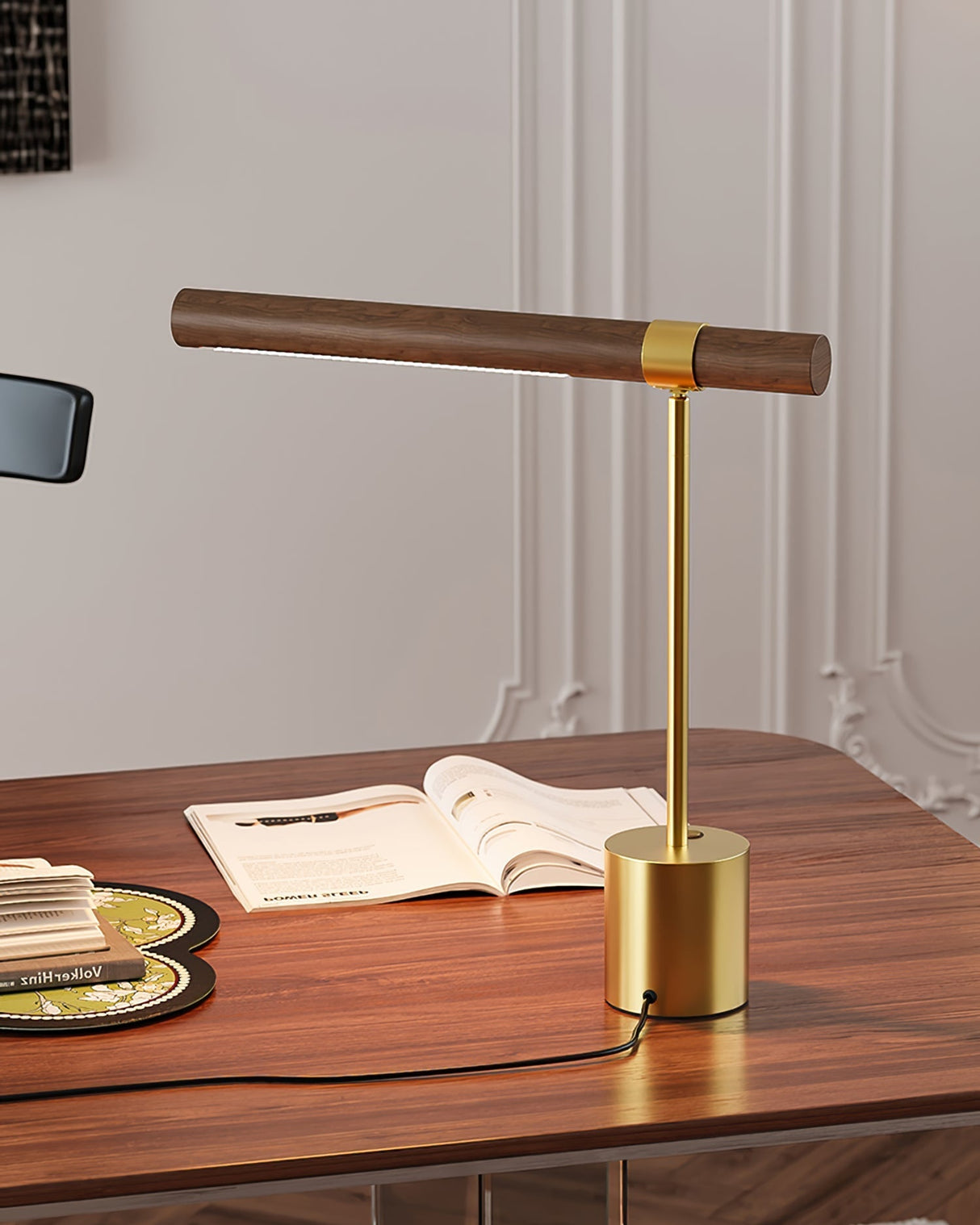 Modern LED Desk Lamp Walnut Wood Gold Metal Design - Product detail 11