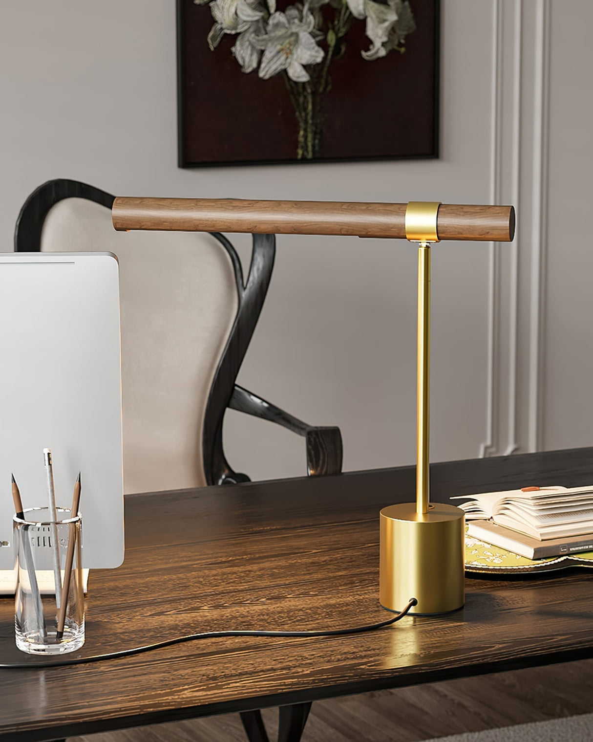 Modern LED Desk Lamp Walnut Wood Gold Metal Design - Product detail 13