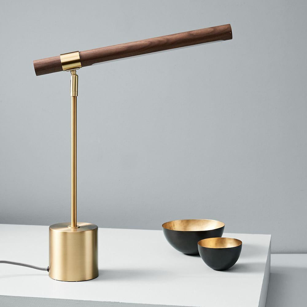 Modern LED Desk Lamp Walnut Wood Gold Metal Design - Detailed view