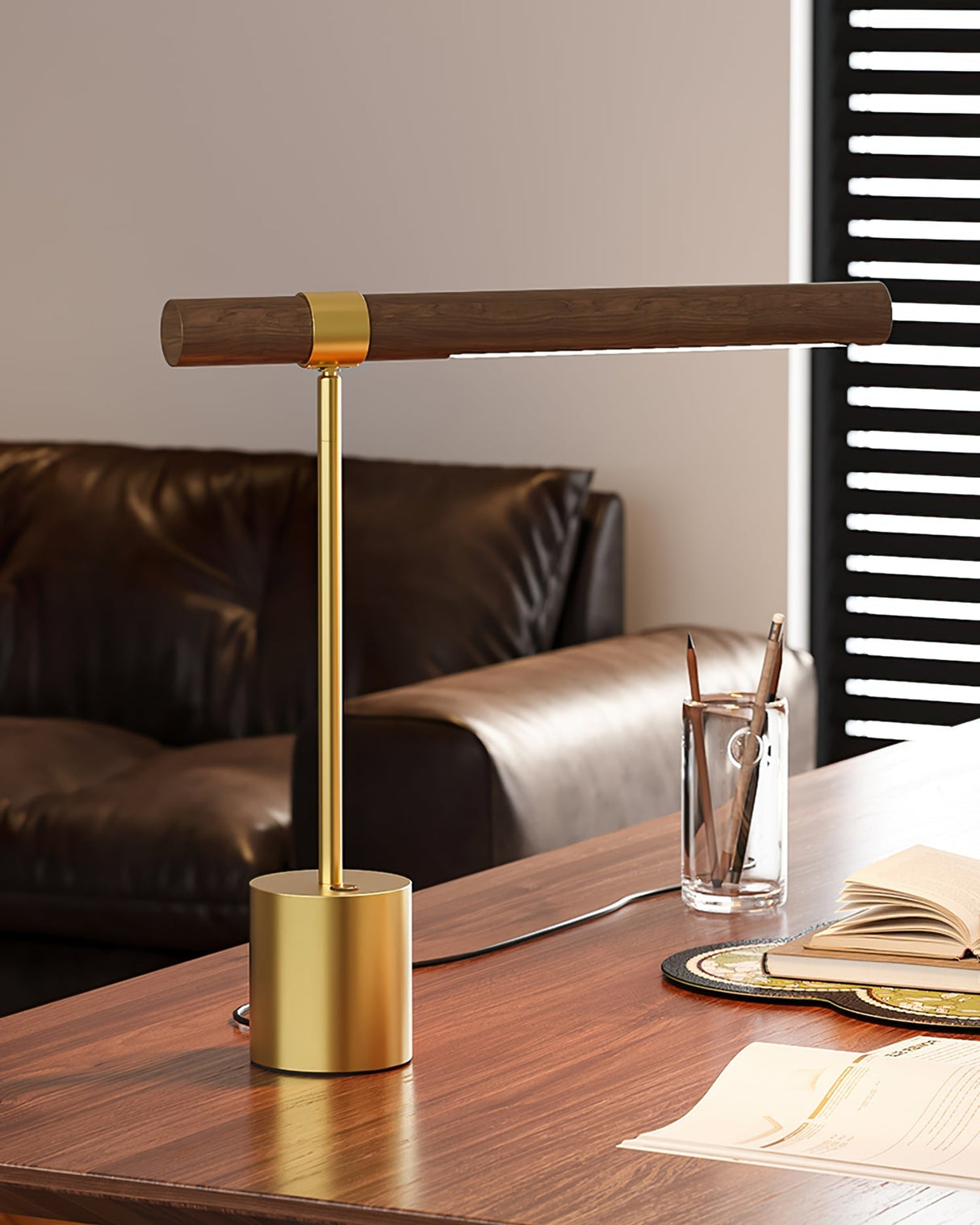 Modern LED Desk Lamp Walnut Wood Gold Metal Design - Product detail 10