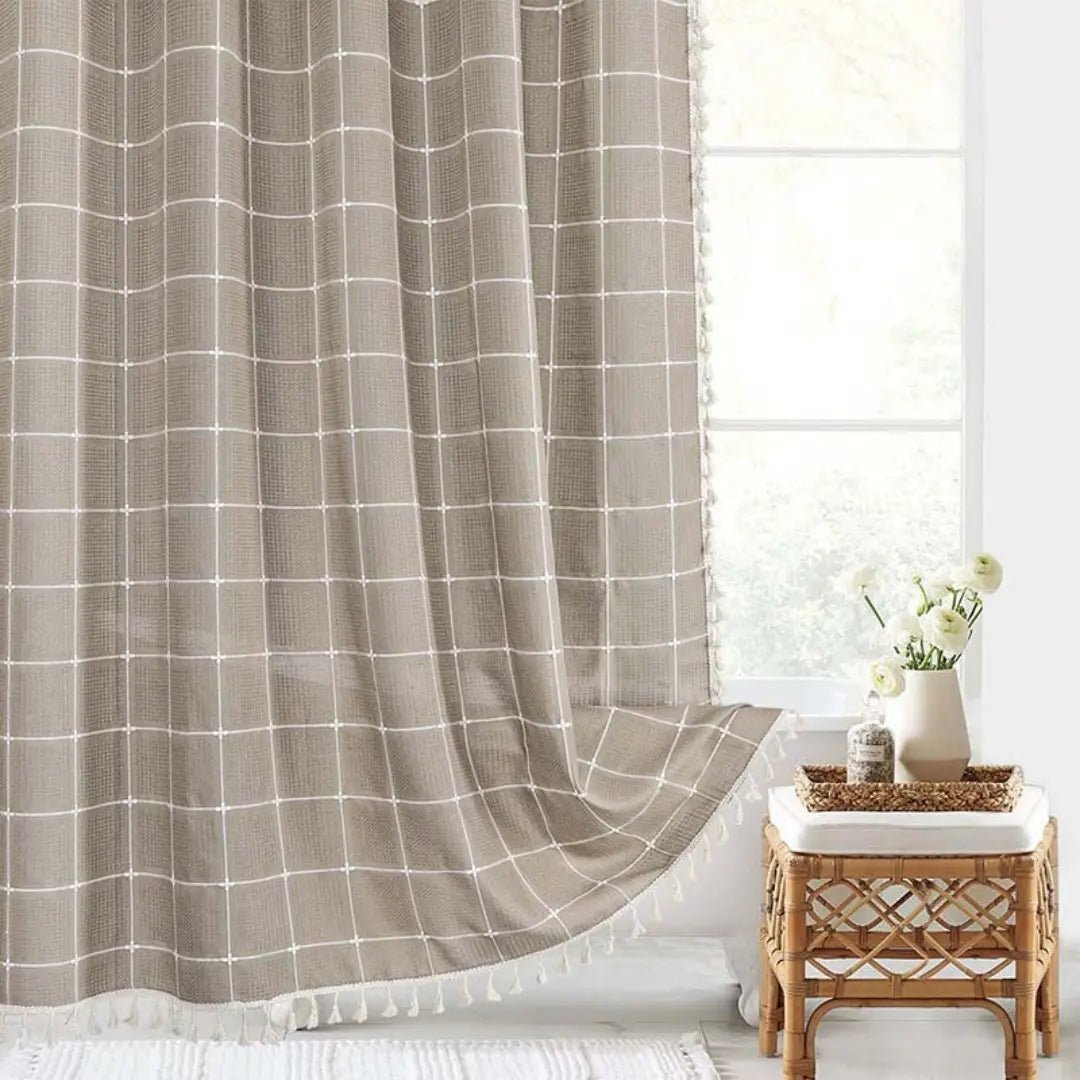 Linen Shower Curtain Boho Tassel Farmhouse Design - Product showcase