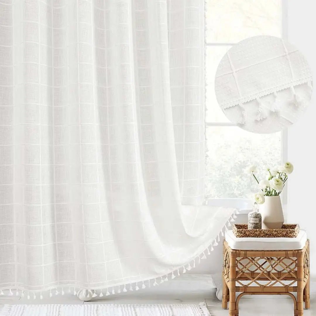 Linen Shower Curtain Boho Tassel Farmhouse Design - Product detail 4