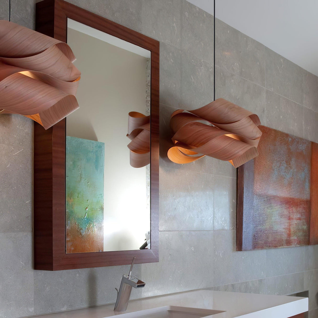 Modern Wood Pendant Light  Natural Grain Spiral Design - Detailed view