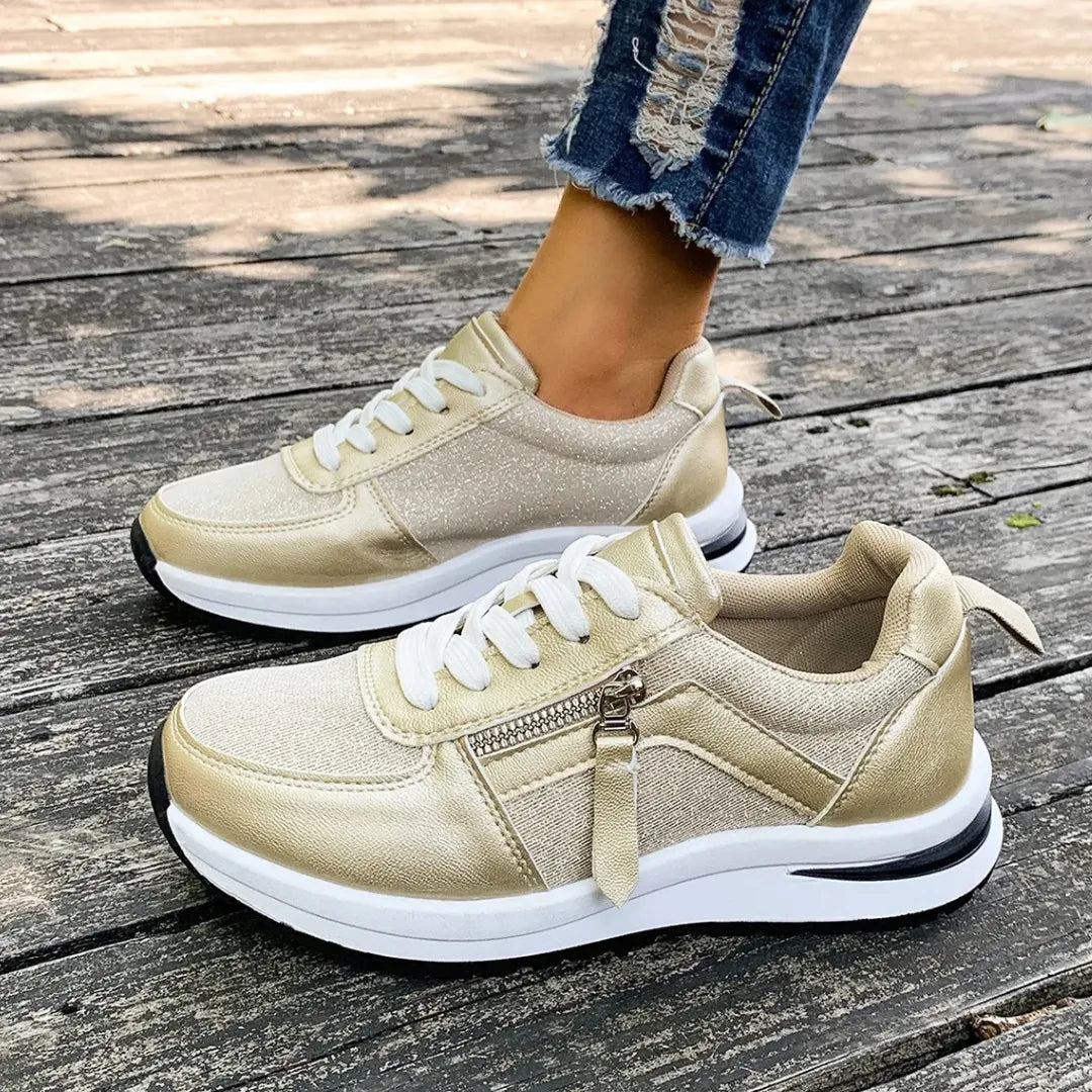 Womens Platform Sneakers Golden Metallic Mixed Material Design - Product detail 5