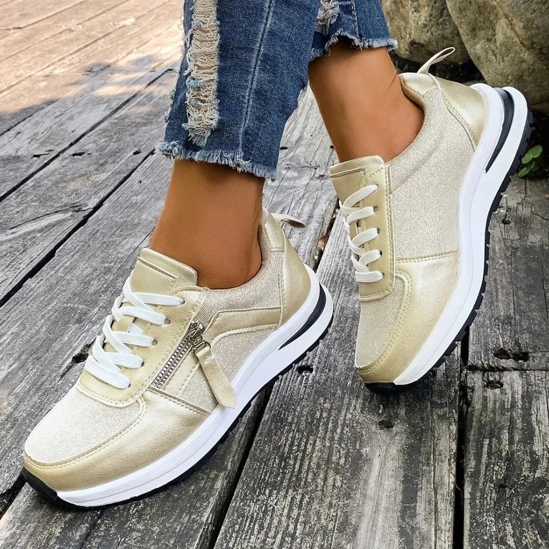 Womens Platform Sneakers Golden Metallic Mixed Material Design - Product detail 6
