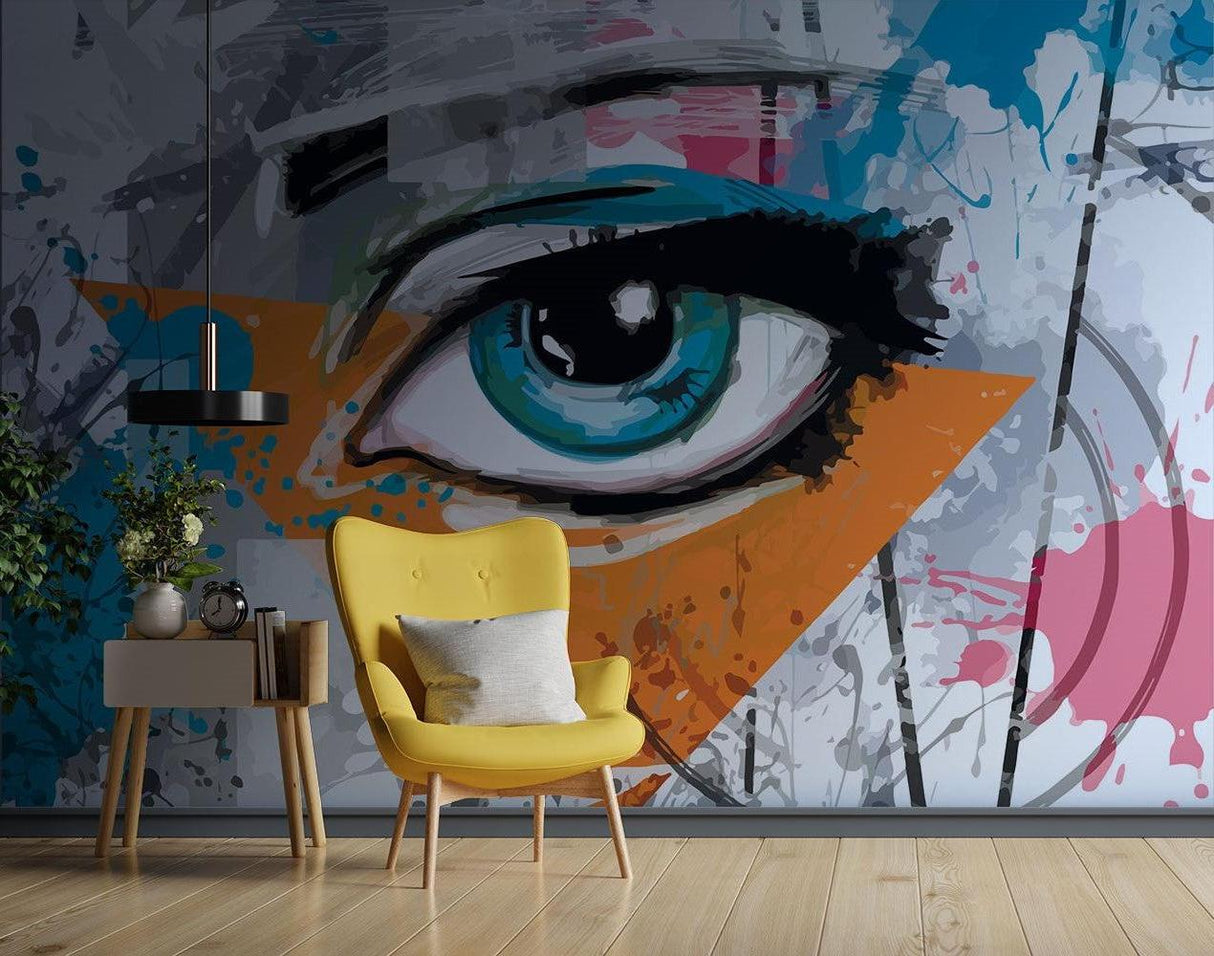 Carta da Parati Murale Street Art | Occhio Vibrante con Schizzi Turchesi
