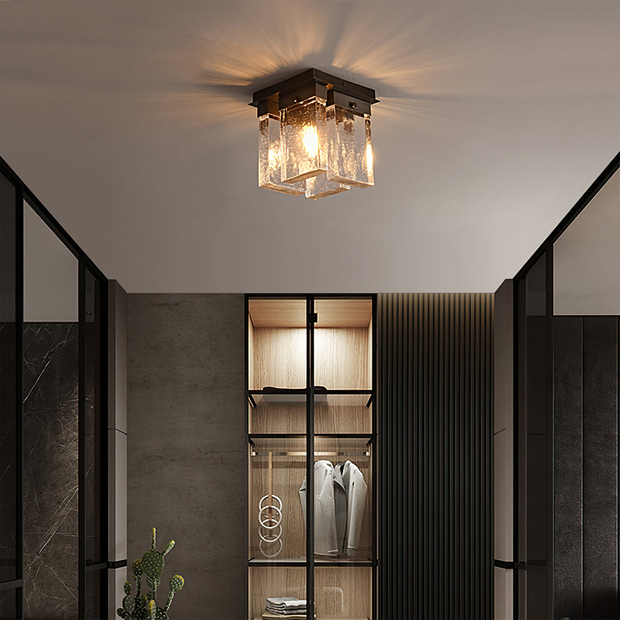 Modern Ceiling Light Textured Glass Black Brass Fixture - Product detail 4