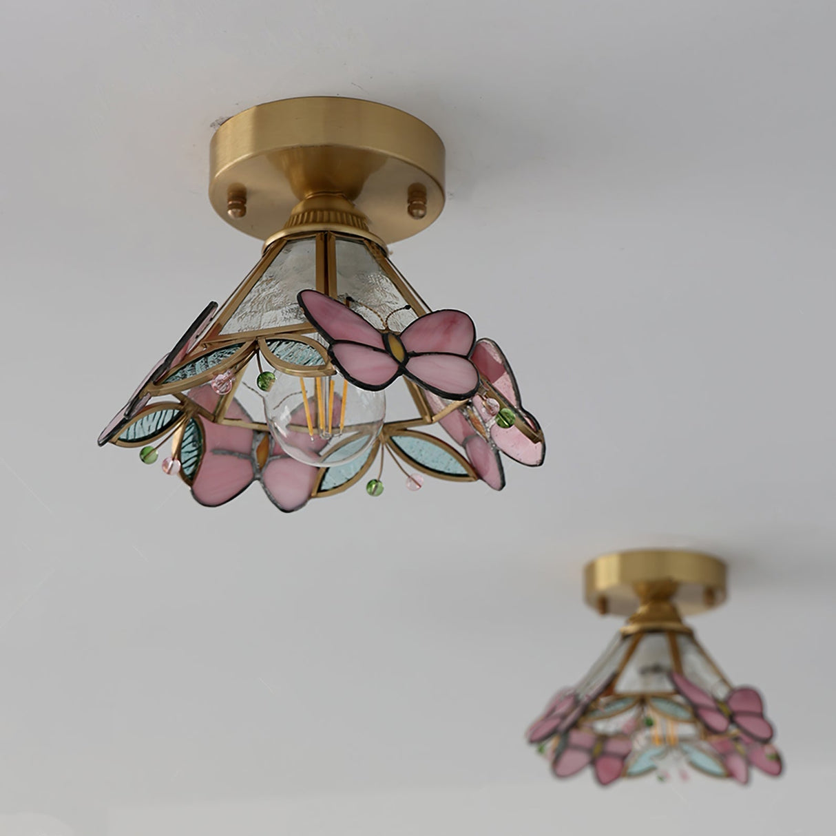 Butterfly Ceiling Light Stained Glass Pink Floral Design - Product detail 4