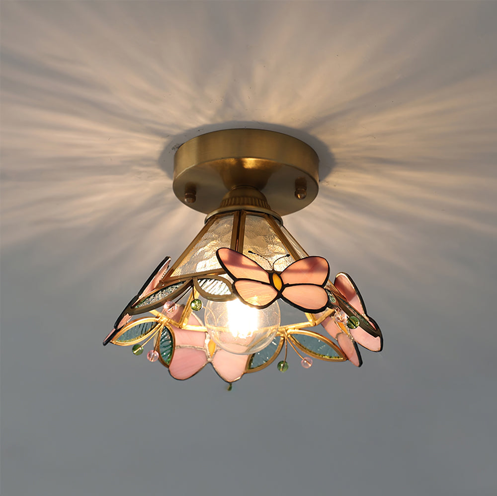 Butterfly Ceiling Light Stained Glass Pink Floral Design - Product example