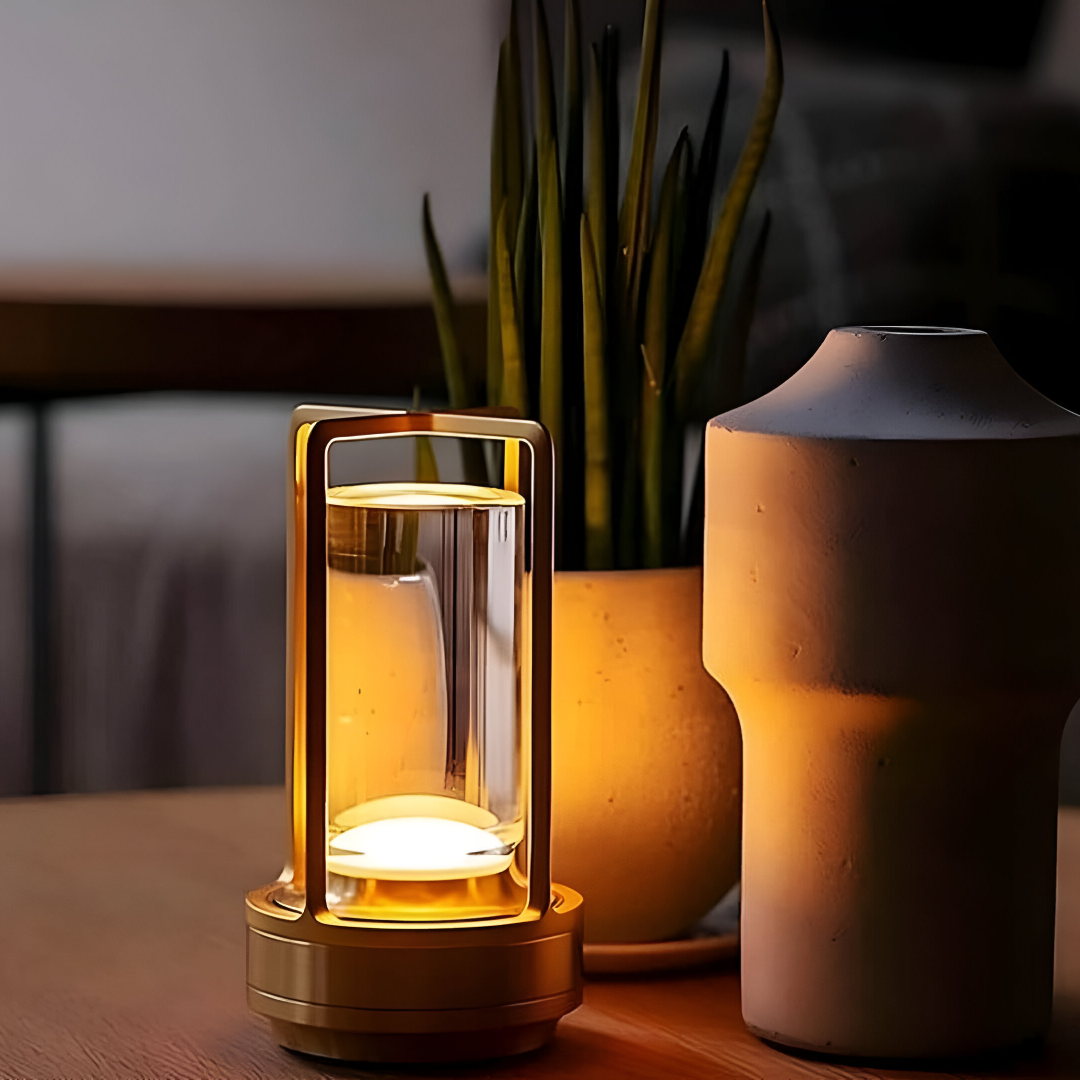 Portable Table Lamp Gold Frame Glass Cylinder Design - Detailed view