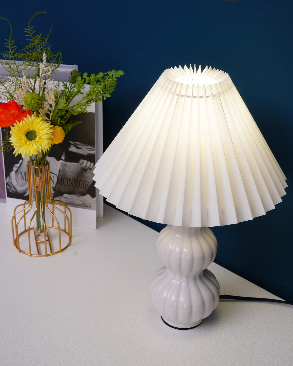 Mid Century Table Lamp Pleated Shade Ceramic Base - Product detail 32