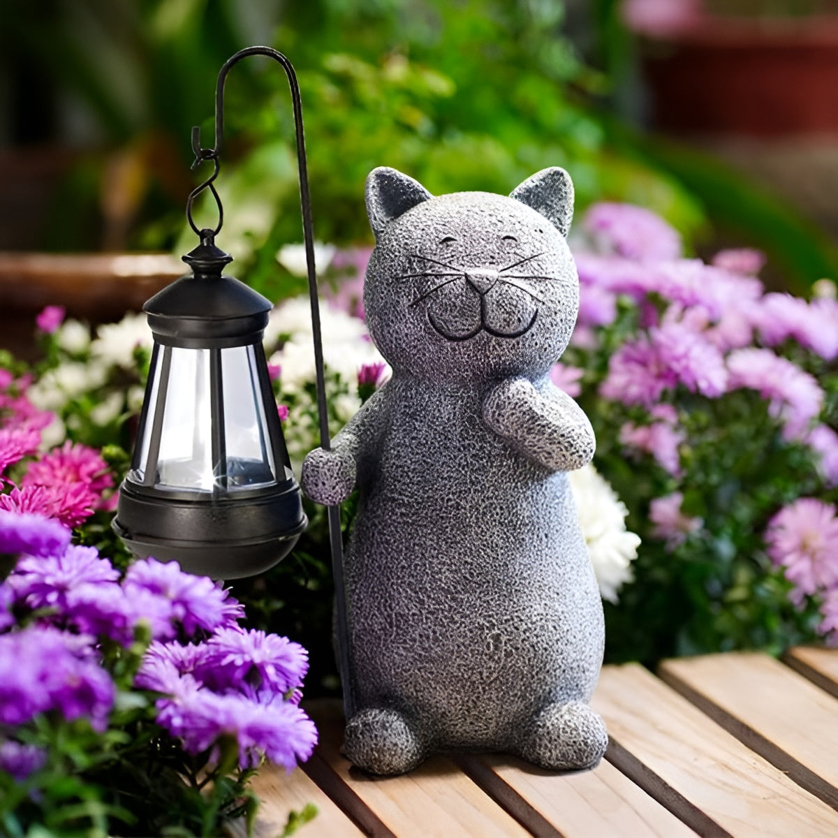 Solar Cat Garden Statue Hand-Painted Stone Finish with LED Lights - Product showcase