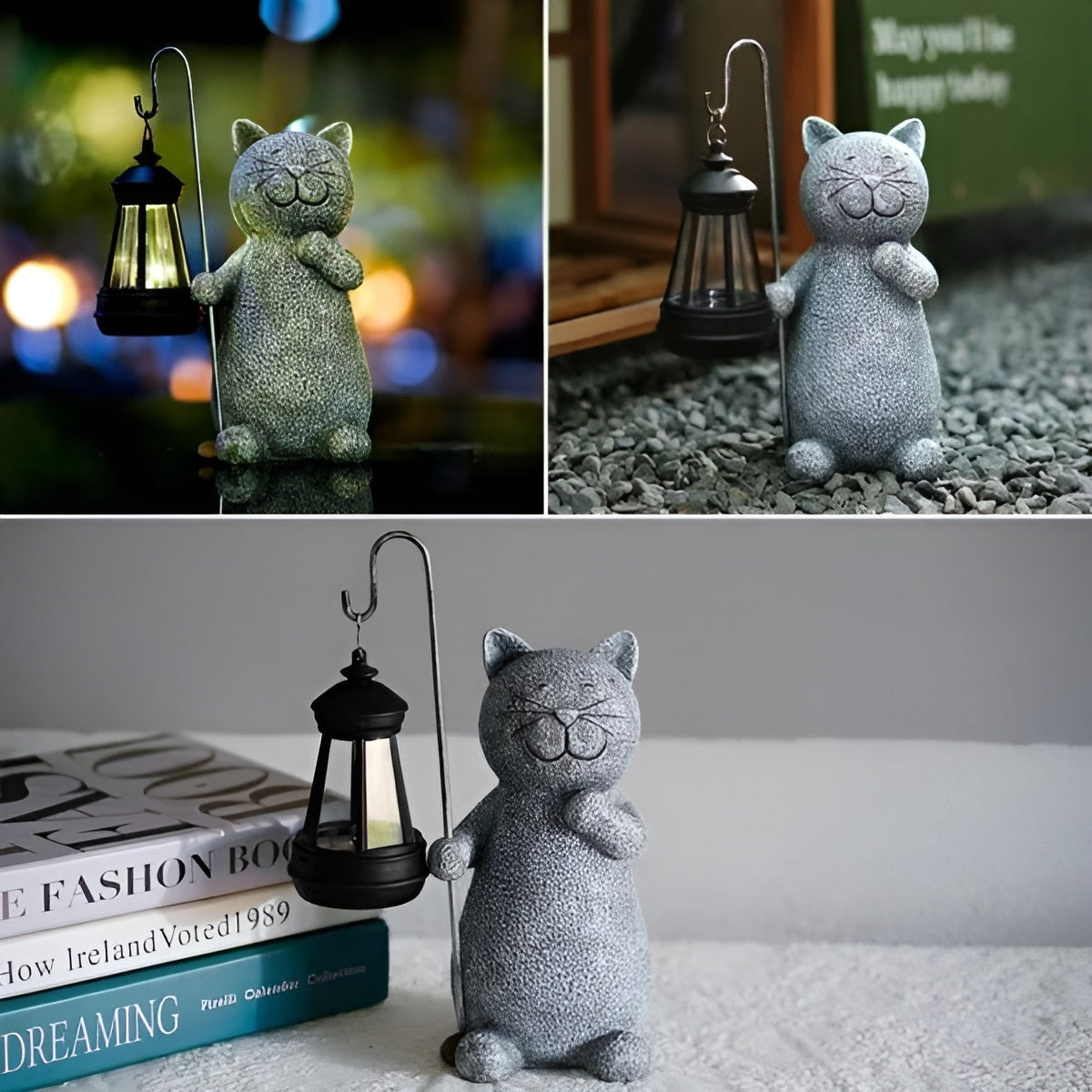 Solar Cat Garden Statue Hand-Painted Stone Finish with LED Lights - Detailed view