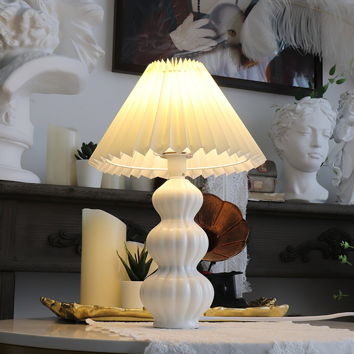 Mid Century Table Lamp Pleated Shade Ceramic Base - Detailed view