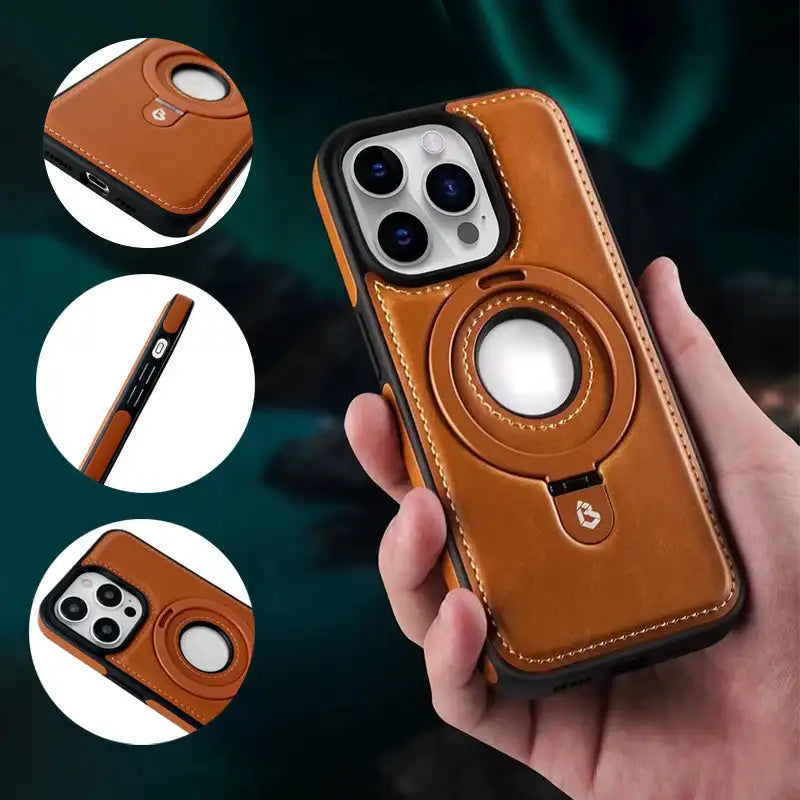 Magnetic iPhone Case with Ring Stand Premium Brown Leather Design - Detailed view