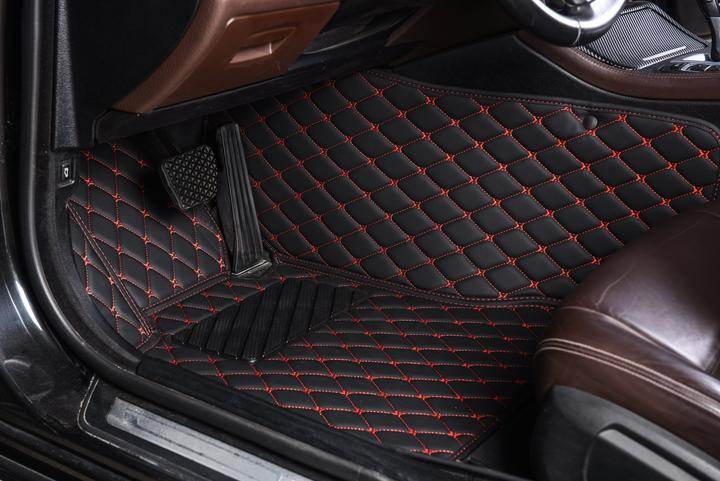 Custom Fit Car Floor Mats Waterproof Leather with Red Stitching - Detailed view