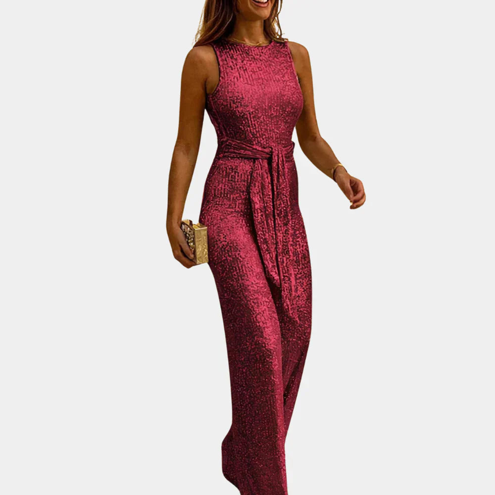 Sparkle Evening Jumpsuit Wine Red Glitter Design - Product showcase