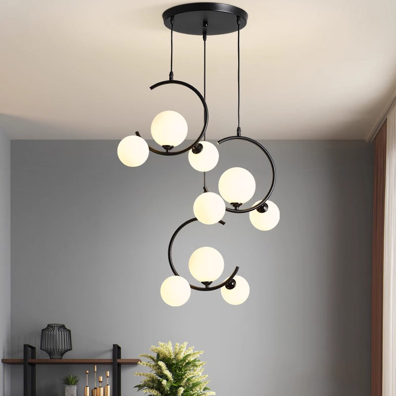 Modern LED Pendant Light Black Curved Arms With Glass Globes - Detailed view