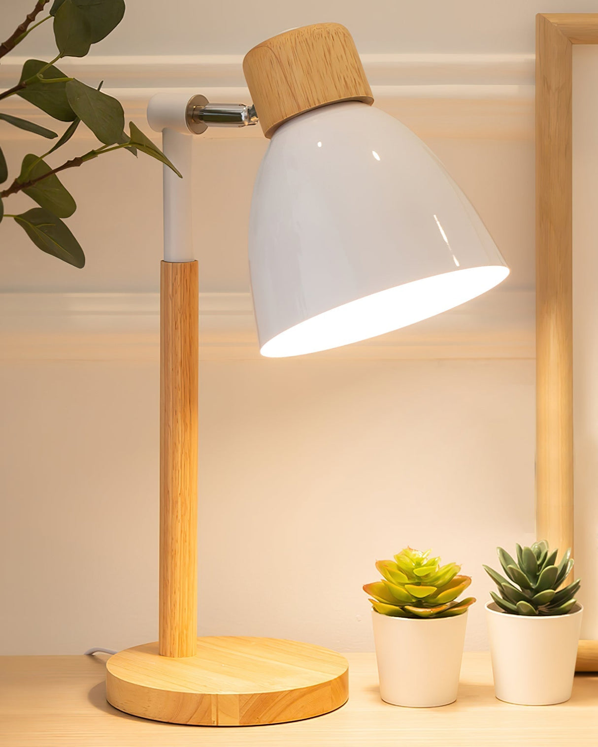 Scandinavian Table Lamp Wood Base White Shade Design - Product detail 6