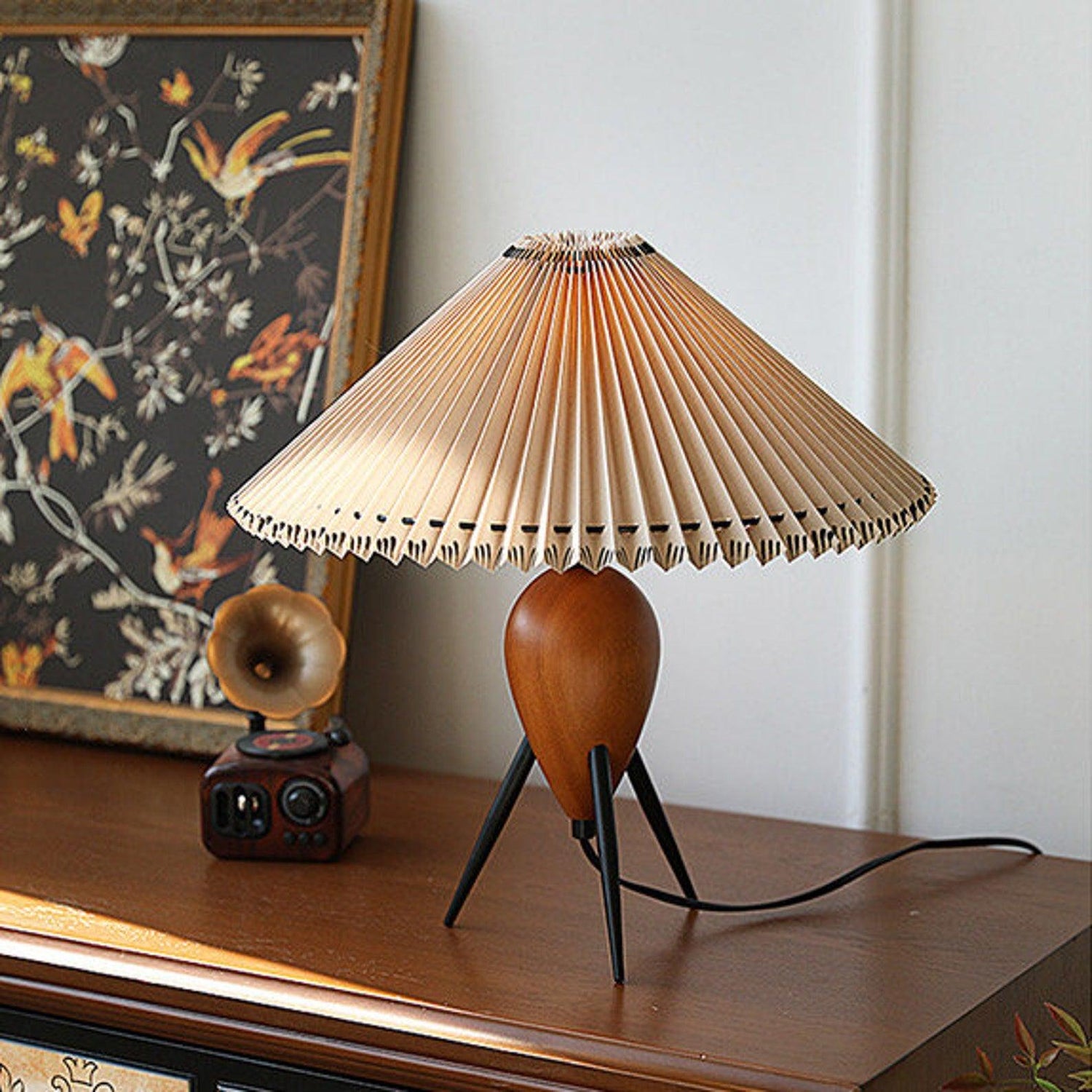 Modern Table Lamp  Pleated Shade Walnut Tripod Base - Product detail 6