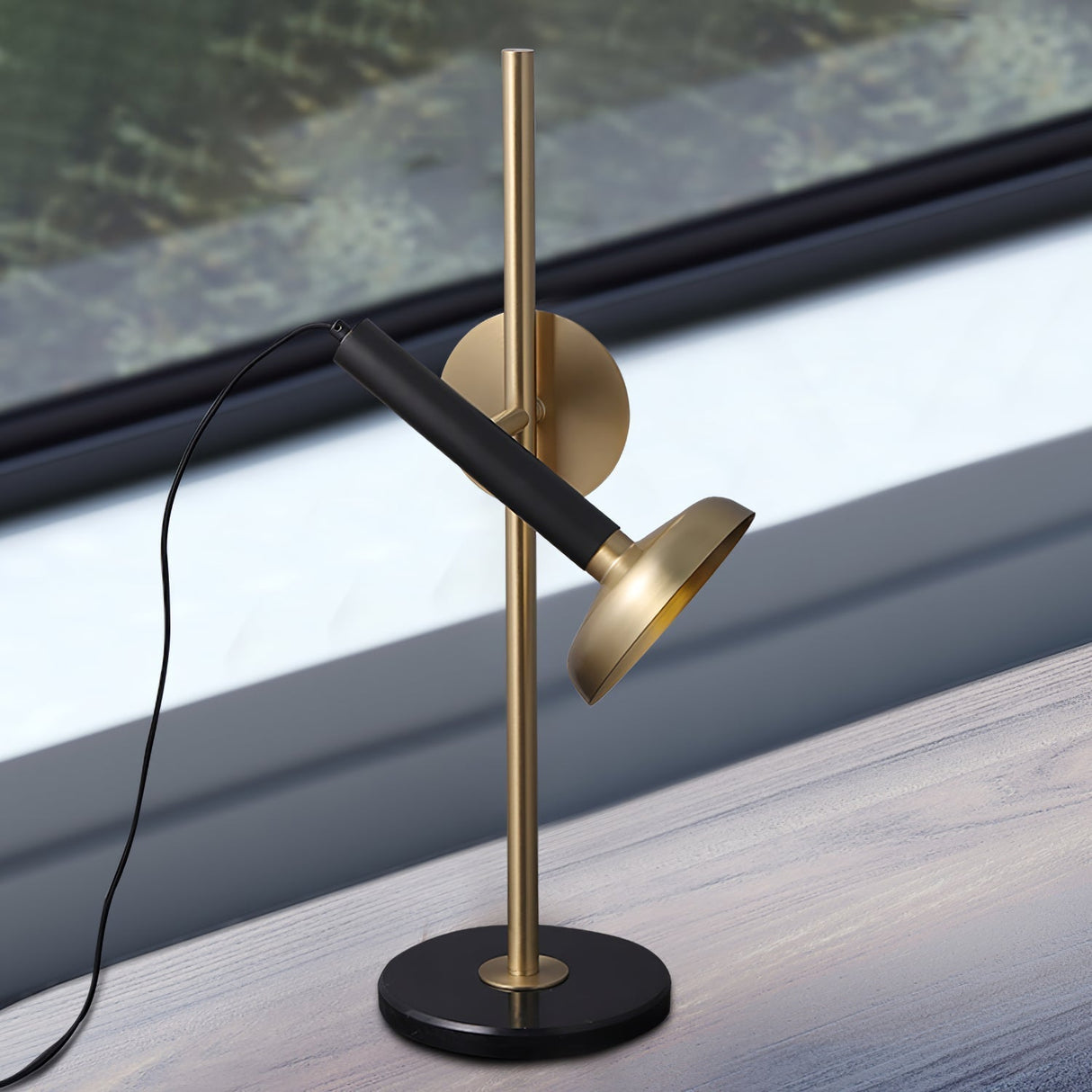 Modern LED Table Lamp Black Marble Base with Brass Accents - Detailed view