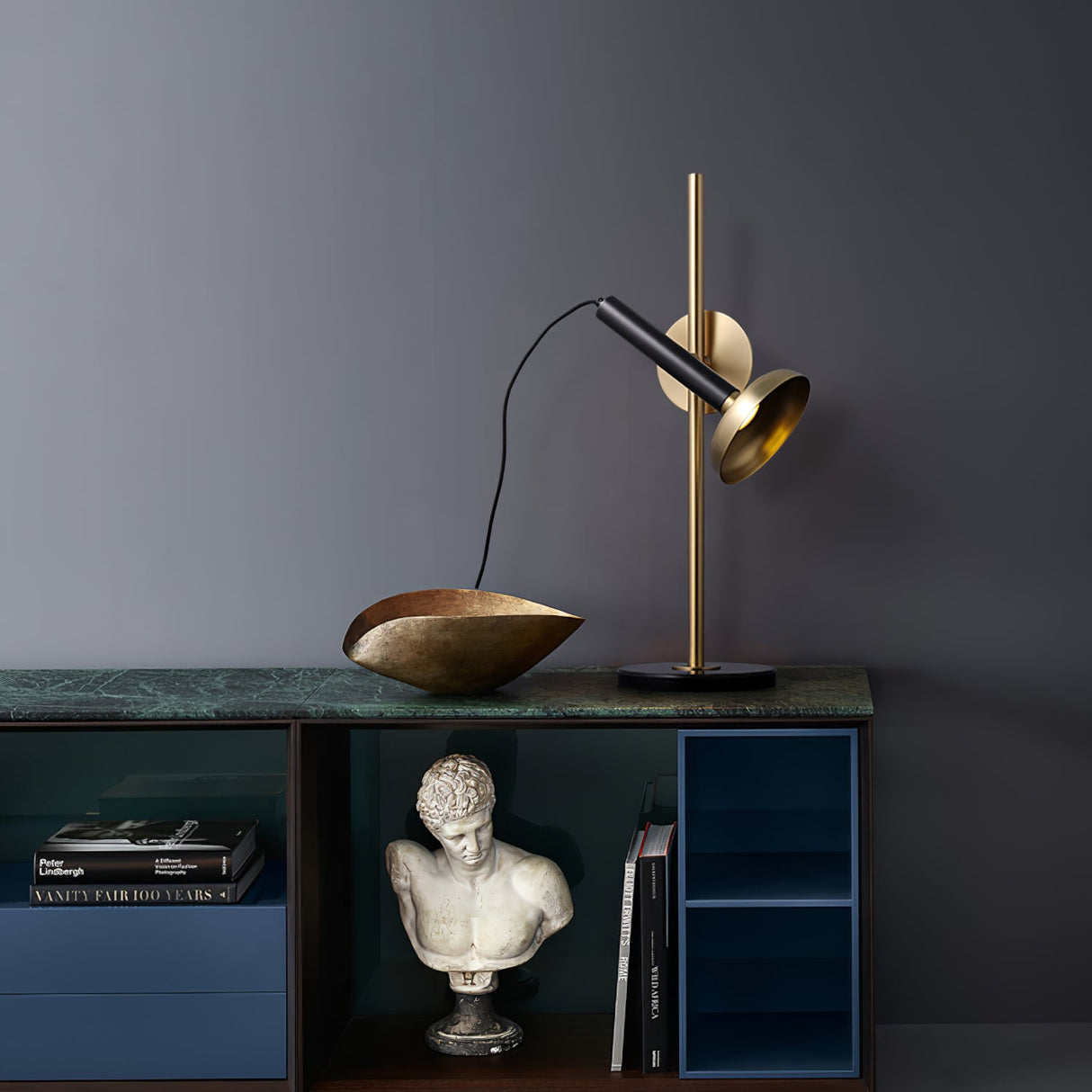 Modern LED Table Lamp Black Marble Base with Brass Accents - Product example