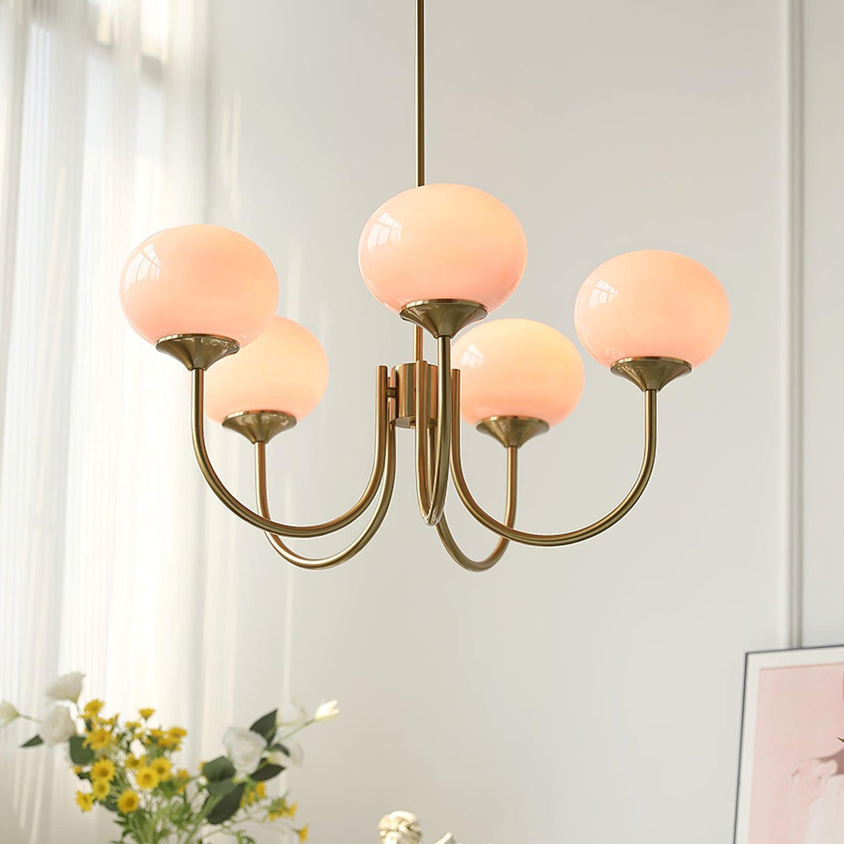 Modern Globe Chandelier Pink Glass with Brass Arms - Detailed view