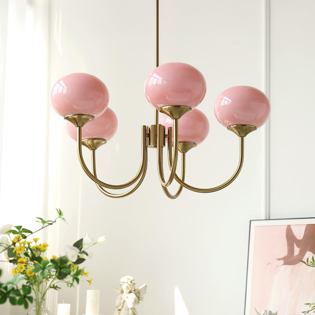 Modern Globe Chandelier Pink Glass with Brass Arms - Product showcase