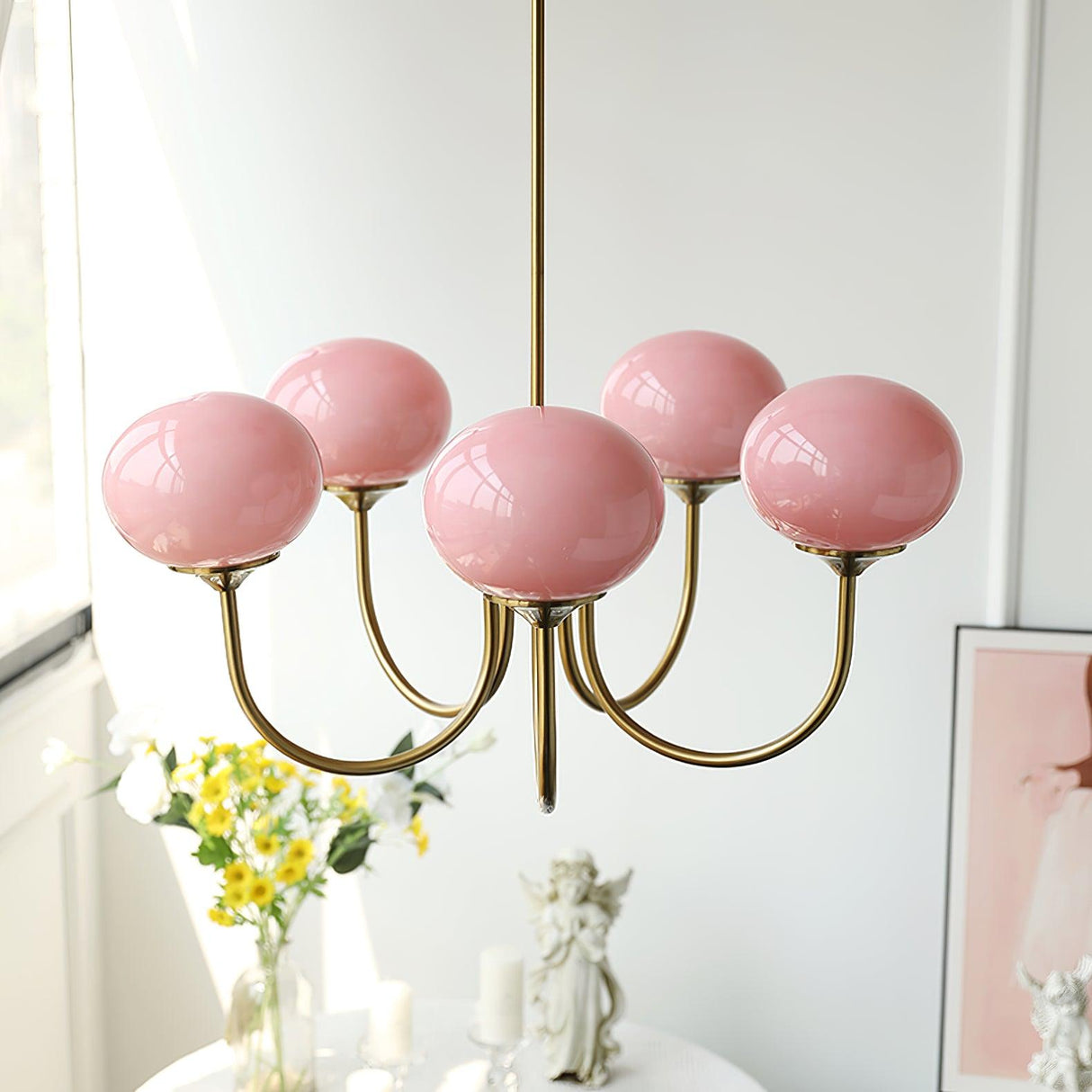 Modern Globe Chandelier Pink Glass with Brass Arms - Product detail 5