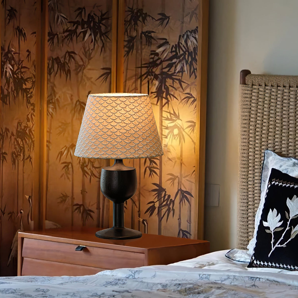 Mermaid Scale Table Lamp Black Wood Base - Detailed view