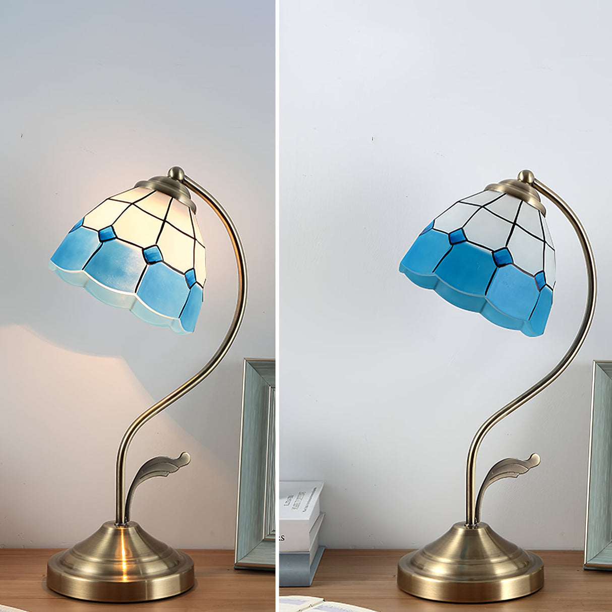Tiffany Table Lamp White Blue Glass Floral Shade - Product detail 12