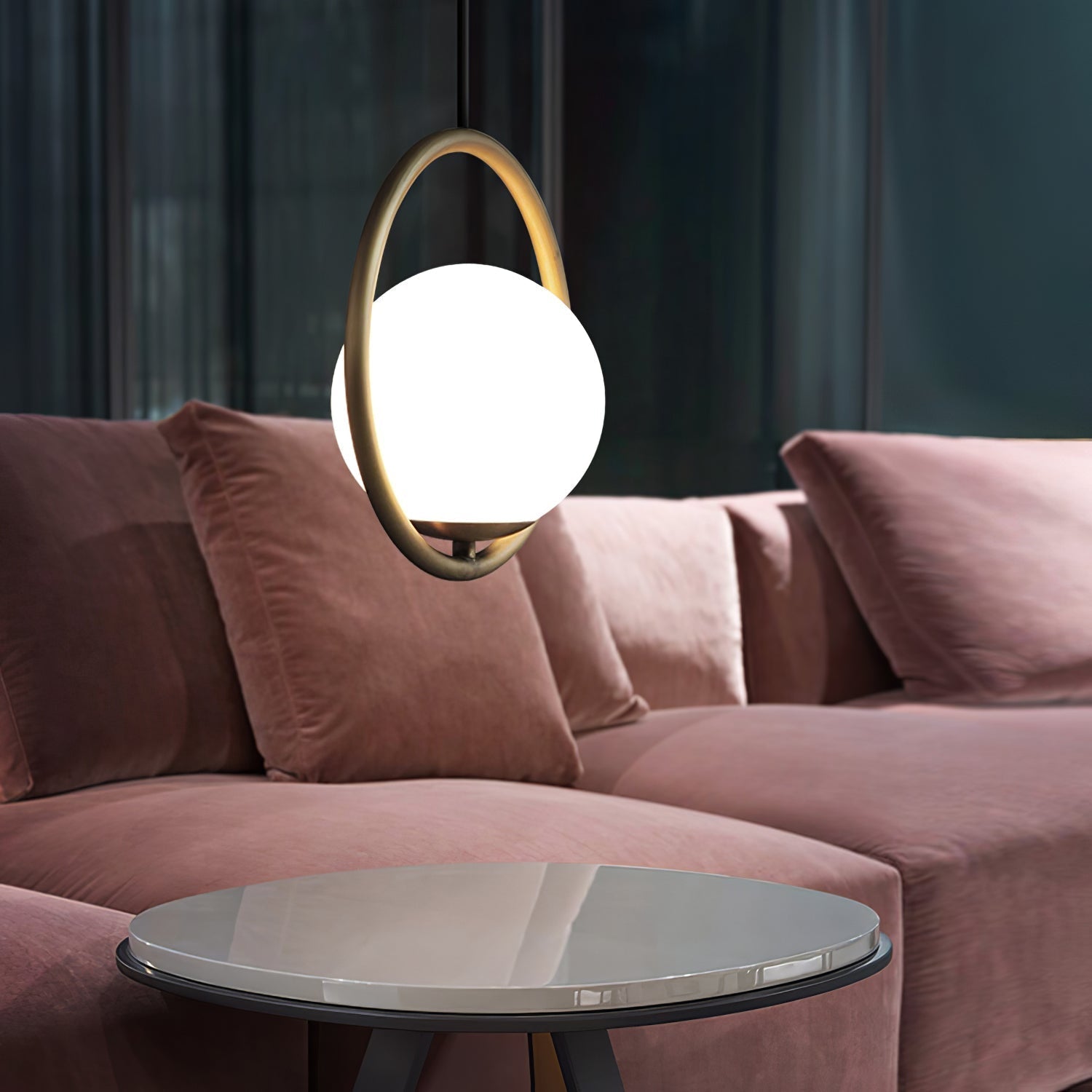 Modern Globe Pendant Light  Brushed Gold Arc Frame - Detailed view