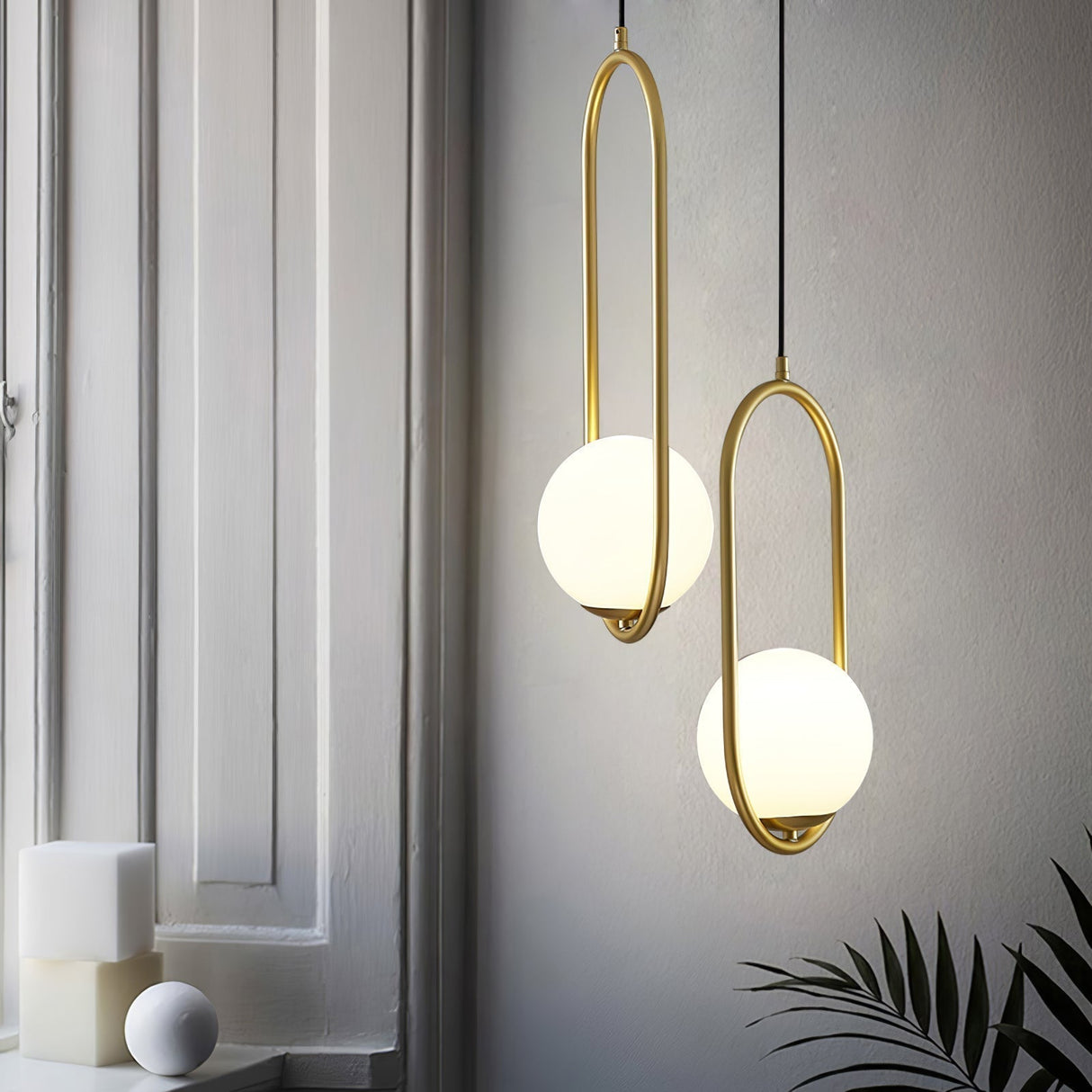 Modern Globe Pendant Light  Brushed Gold Arc Frame - Product showcase