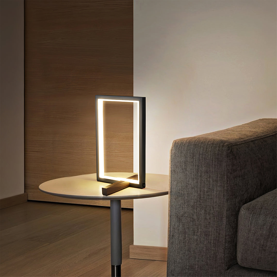 Modern LED Table Lamp Copper Frame with Walnut Accents - Product example