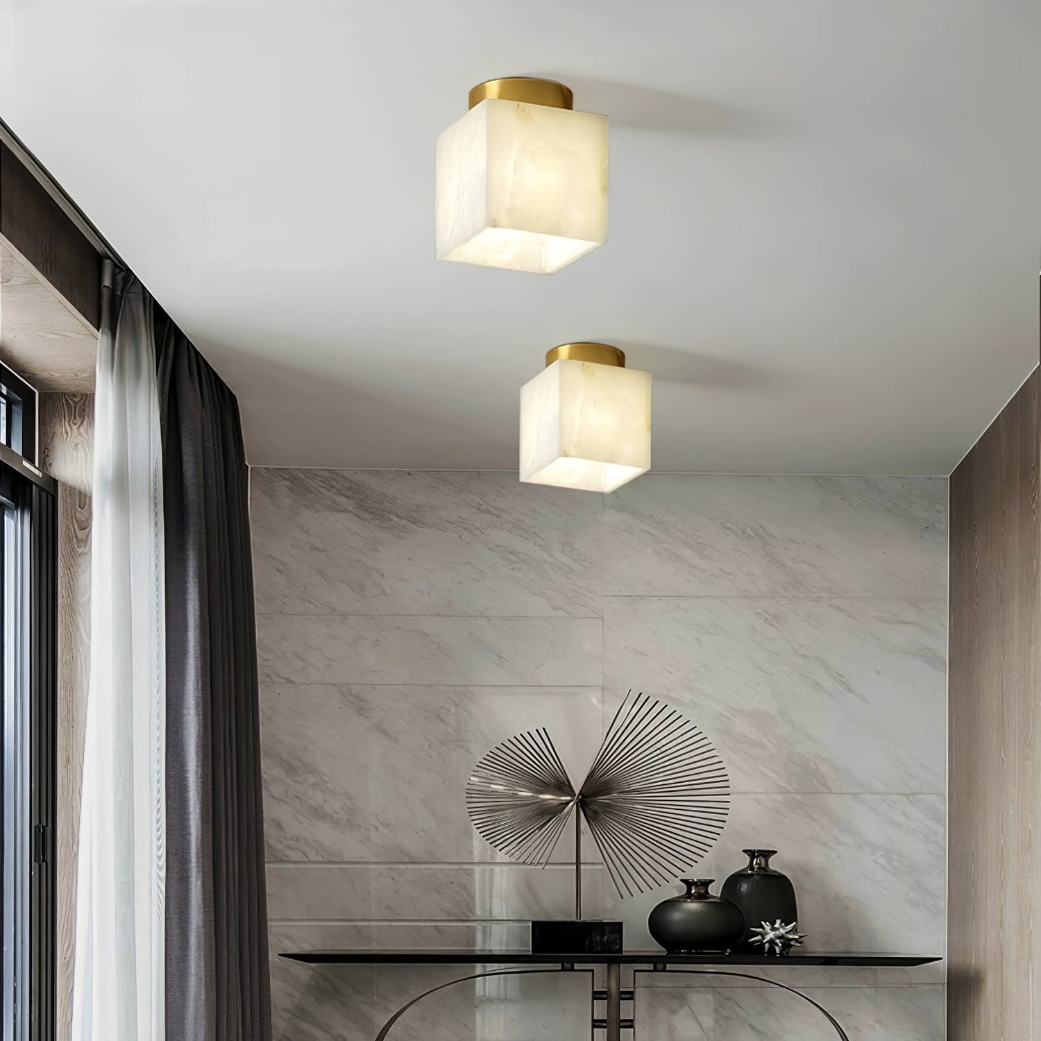 Modern Globe Ceiling Light  Alabaster Glass with Brass Trim - Product example