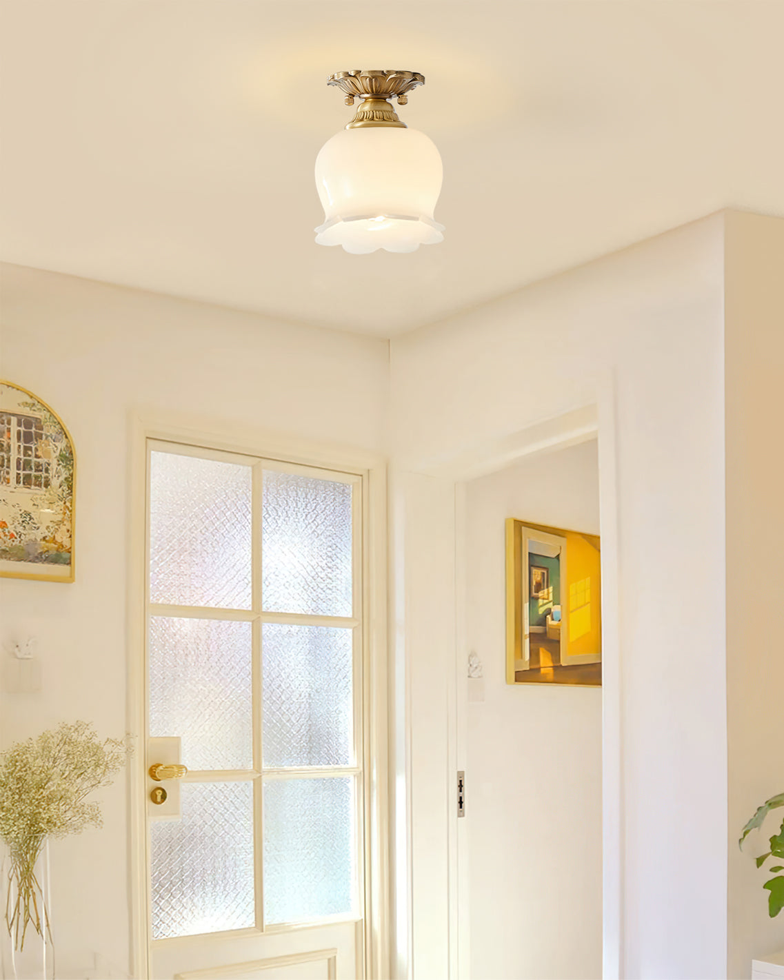 Vintage Ceiling Light Brass Beige Glass Tulip Shade - Product detail 5