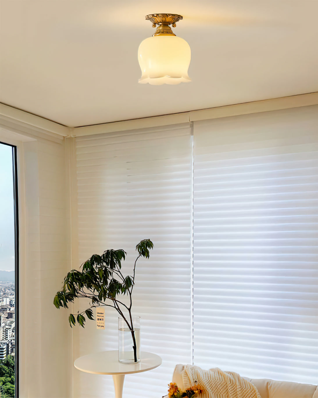 Vintage Ceiling Light Brass Beige Glass Tulip Shade - Product detail 7