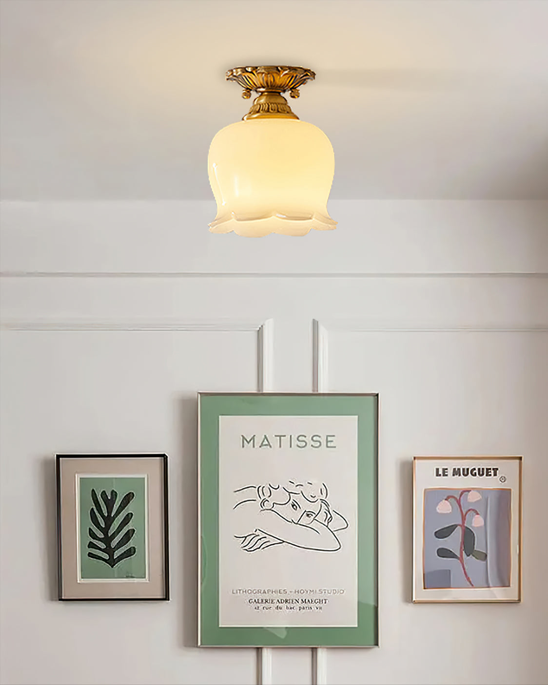 Vintage Ceiling Light Brass Beige Glass Tulip Shade - Product detail 8