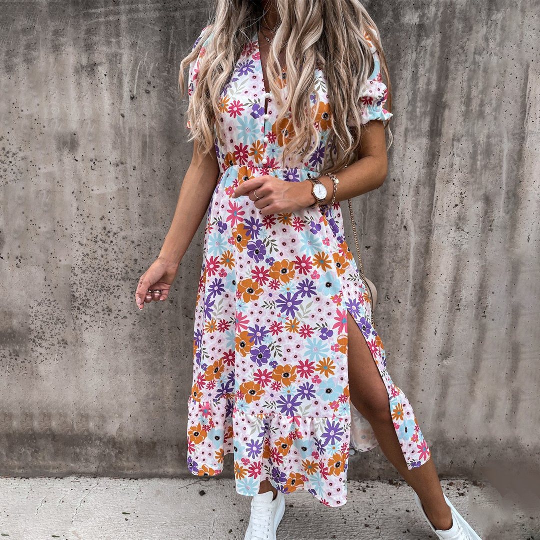 fitted lace wedding dress Women's Summer Puff Sleeve Floral Split Maxi Dress Flowy A Line Casual  Beach Long Dresses-Green-XS at Amazon Women's Clothing store