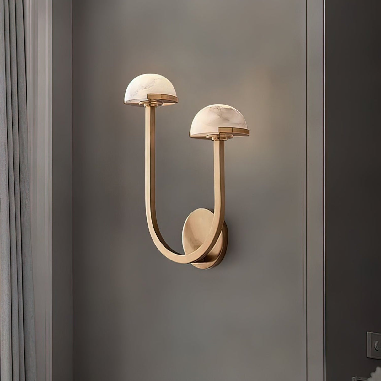 Modern Mushroom Wall Light Brass and Alabaster Dual Sconce - Product showcase