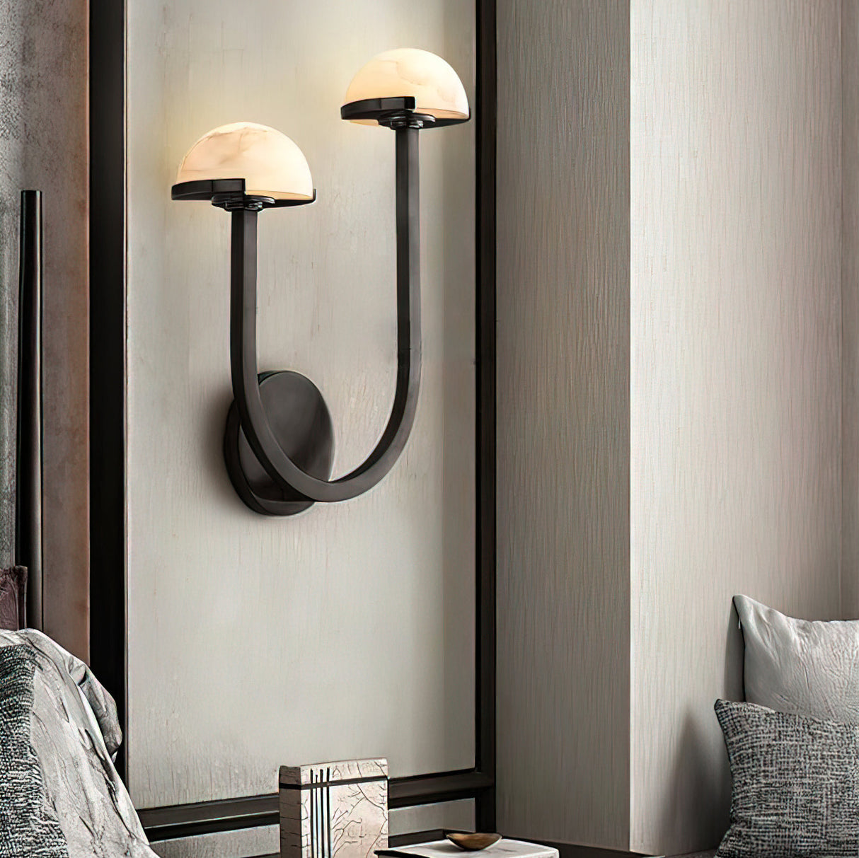 Modern Mushroom Wall Light Brass and Alabaster Dual Sconce - Detailed view