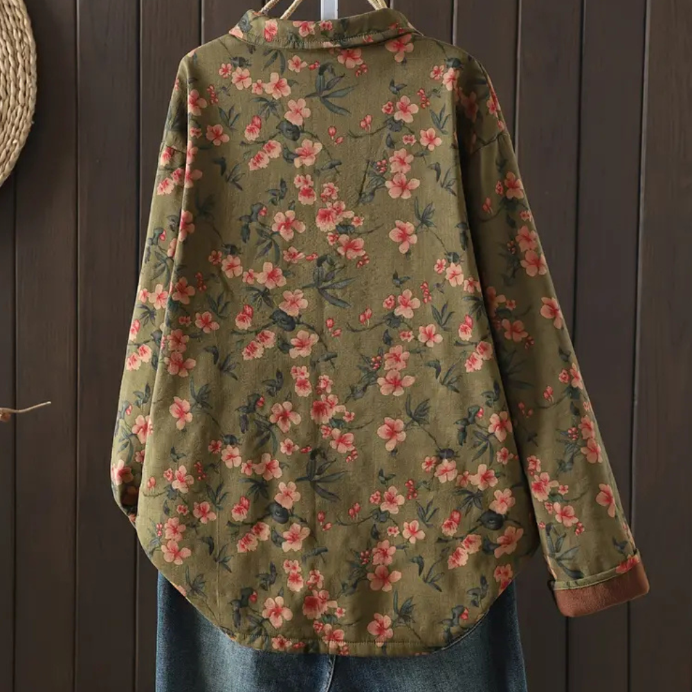 Floral Cotton Blouse Olive Green Botanical Print - Product detail 5