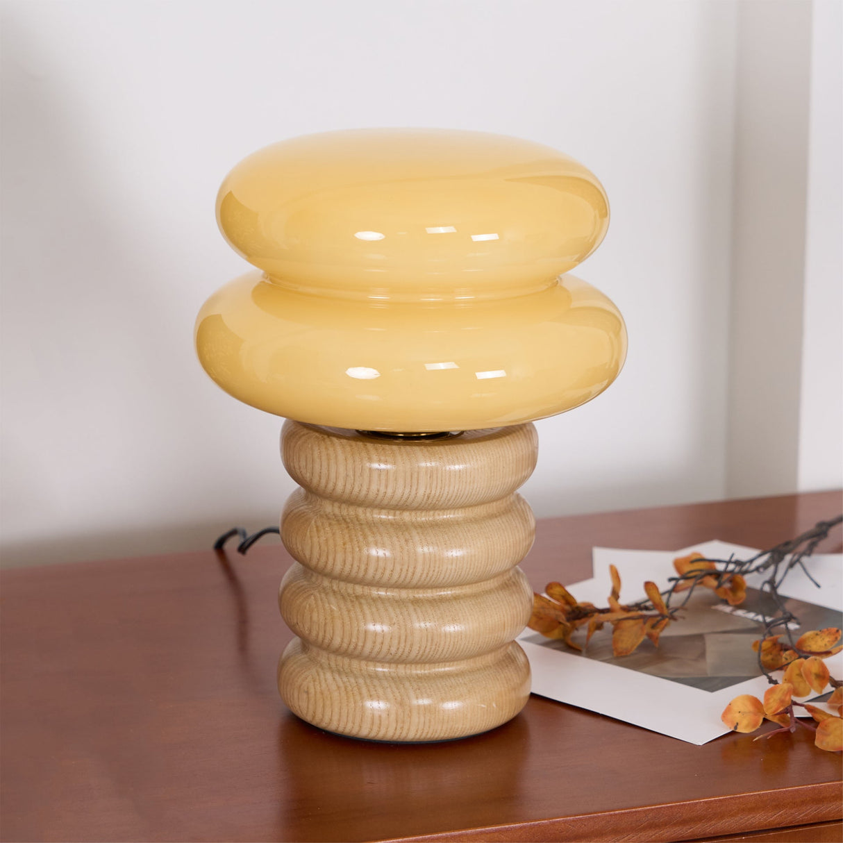 Modern Table Lamp Ash Wood Base with Glass Shade - Product detail 4