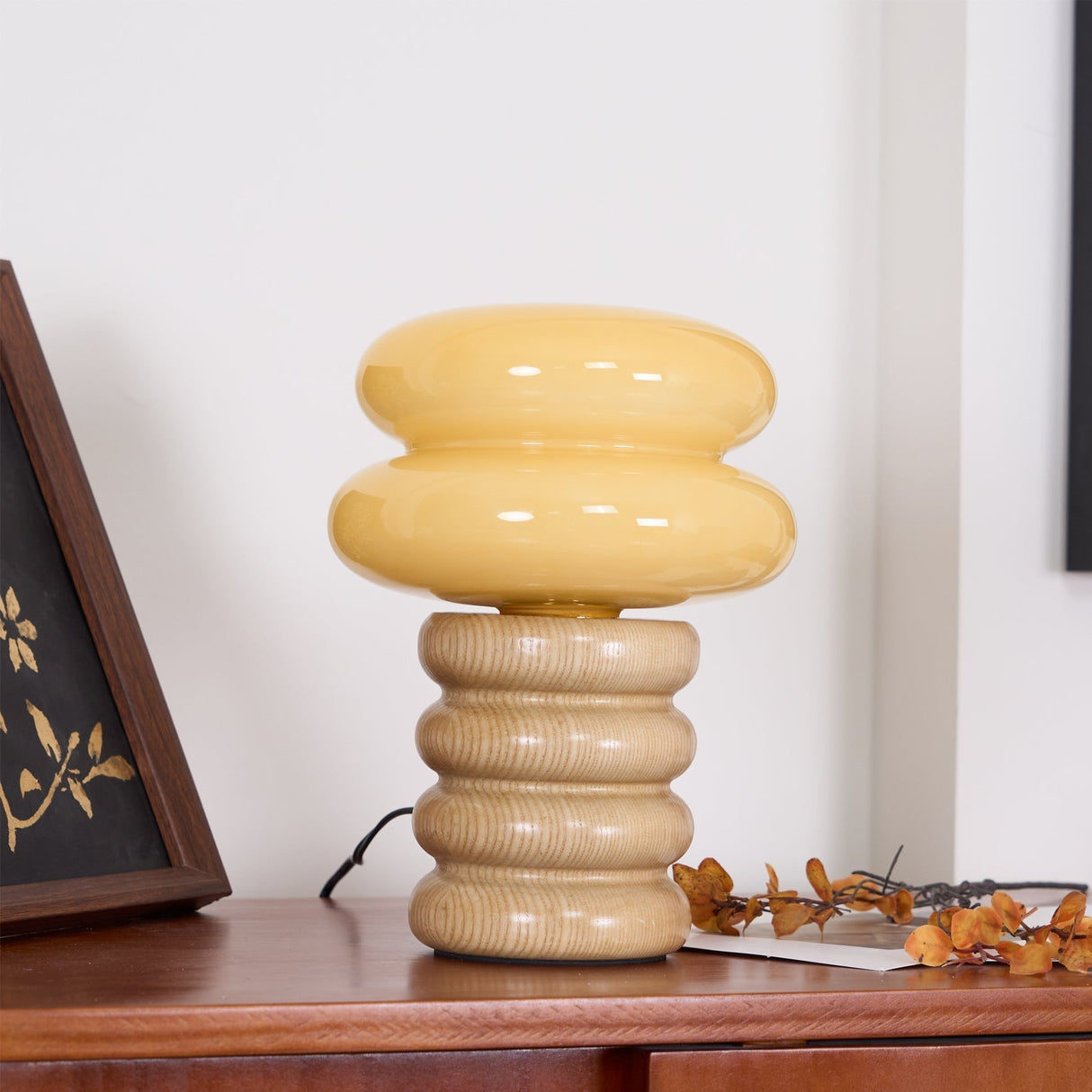 Modern Table Lamp Ash Wood Base with Glass Shade - Detailed view