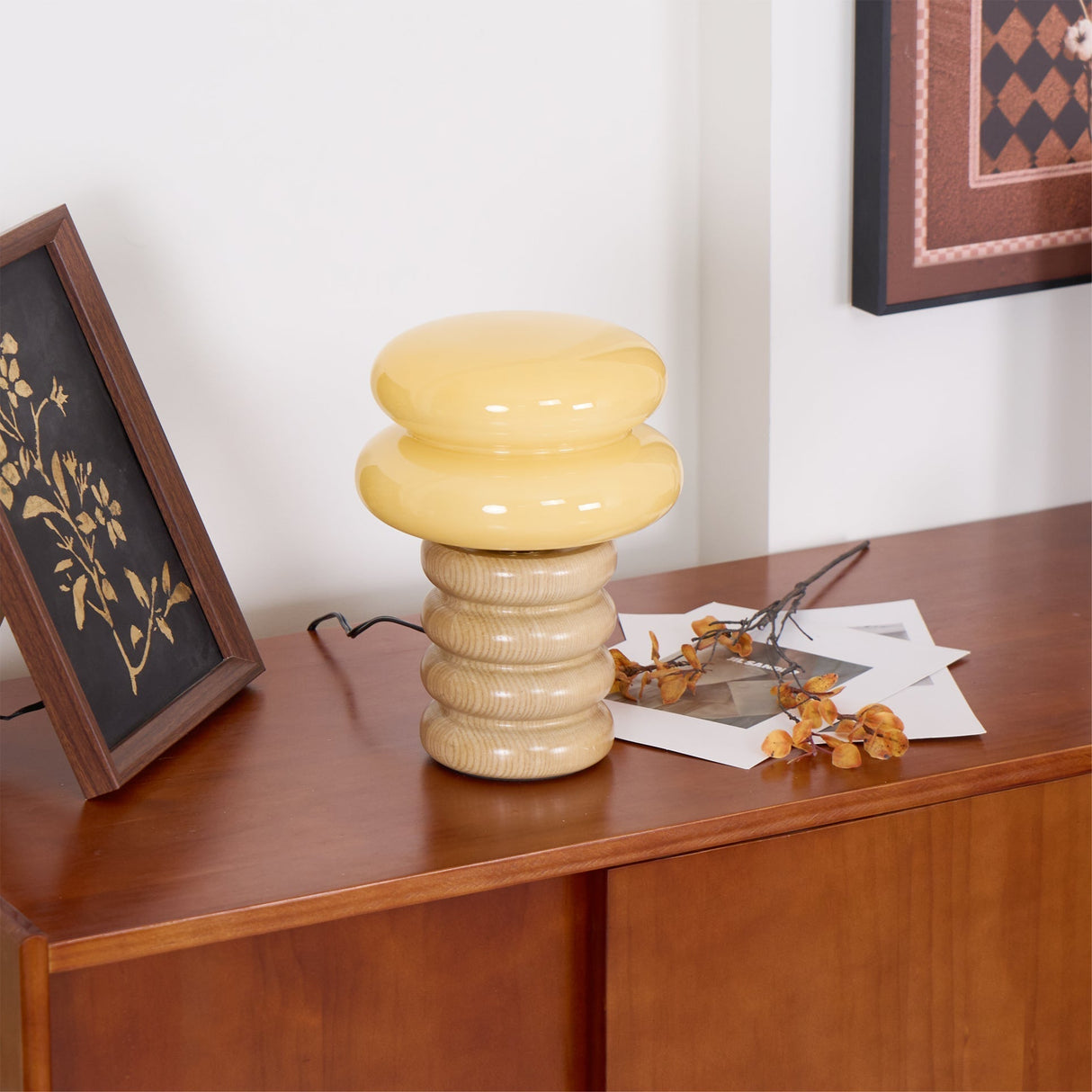 Modern Table Lamp Ash Wood Base with Glass Shade - Product example