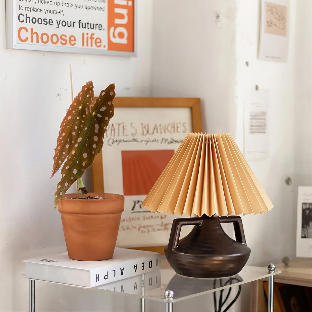 Ceramic Table Lamp Pleated Shade Brown Base - Detailed view