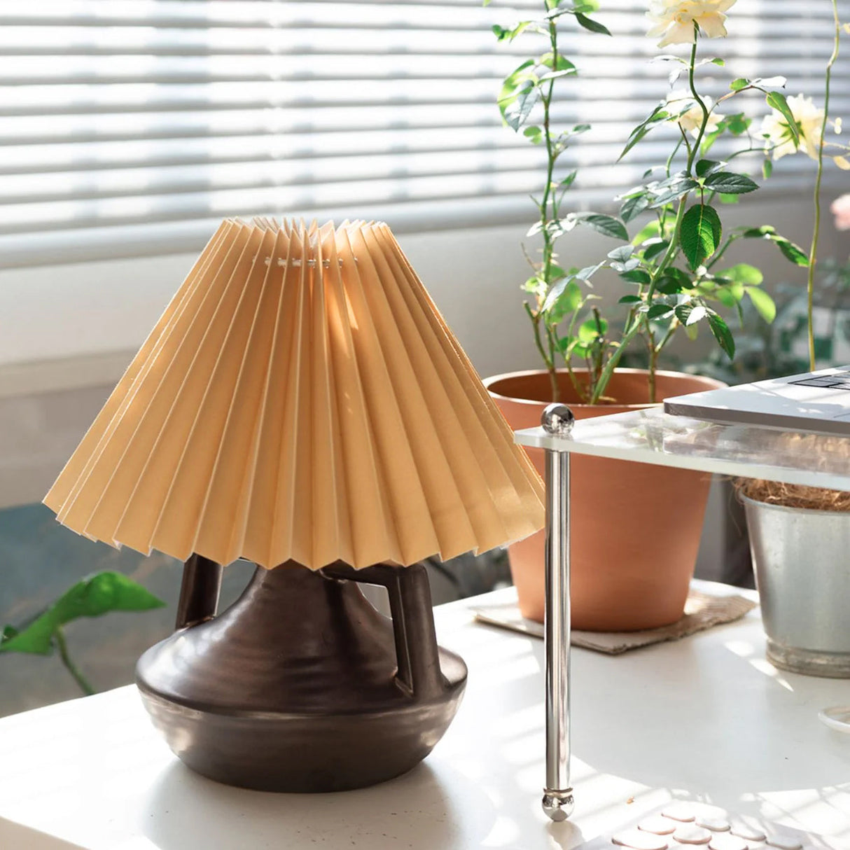 Ceramic Table Lamp Pleated Shade Brown Base - Product example