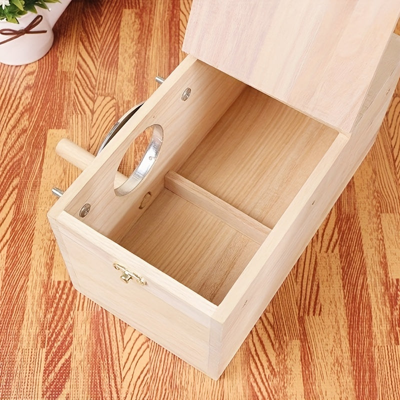 Wooden Bird Nesting Box Natural Wood Design with Perch - Detailed view