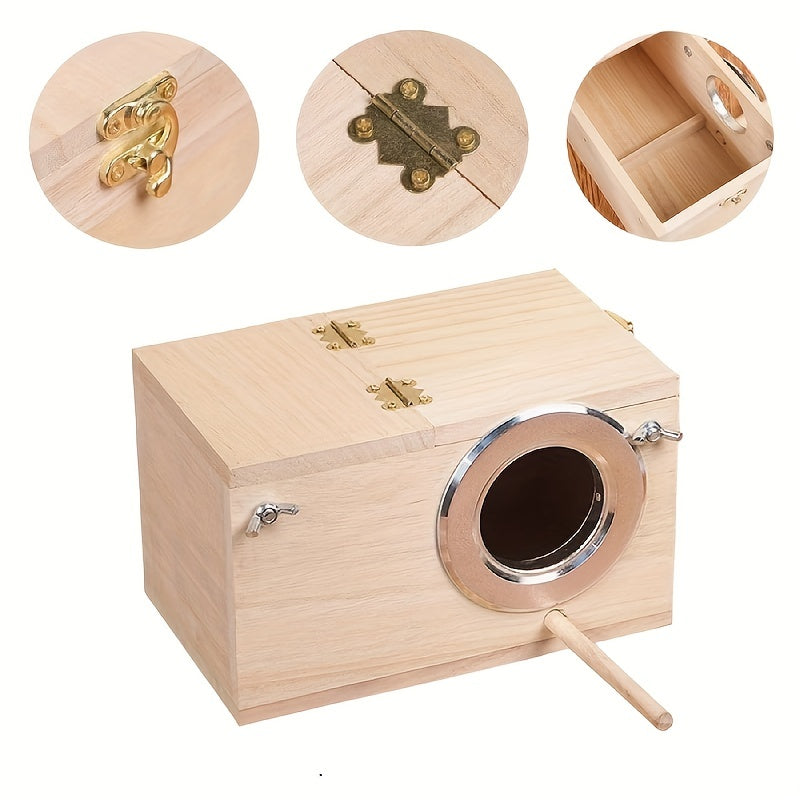 Wooden Bird Nesting Box Natural Wood Design with Perch - Product example