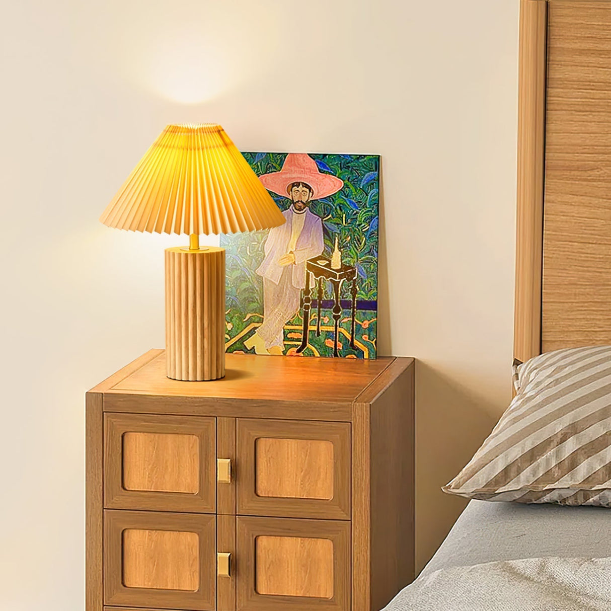 Scandinavian Table Lamp Pleated Shade Wood Base - Detailed view
